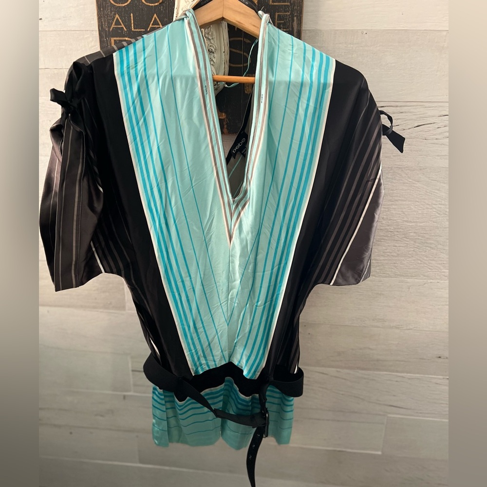 2K's Bebe Silk Black and Teal Belted Blouse